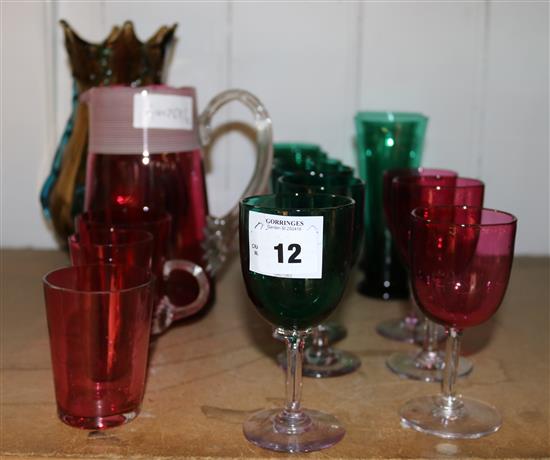 Cranberry & green glass ware & a Whitefriars type vase
